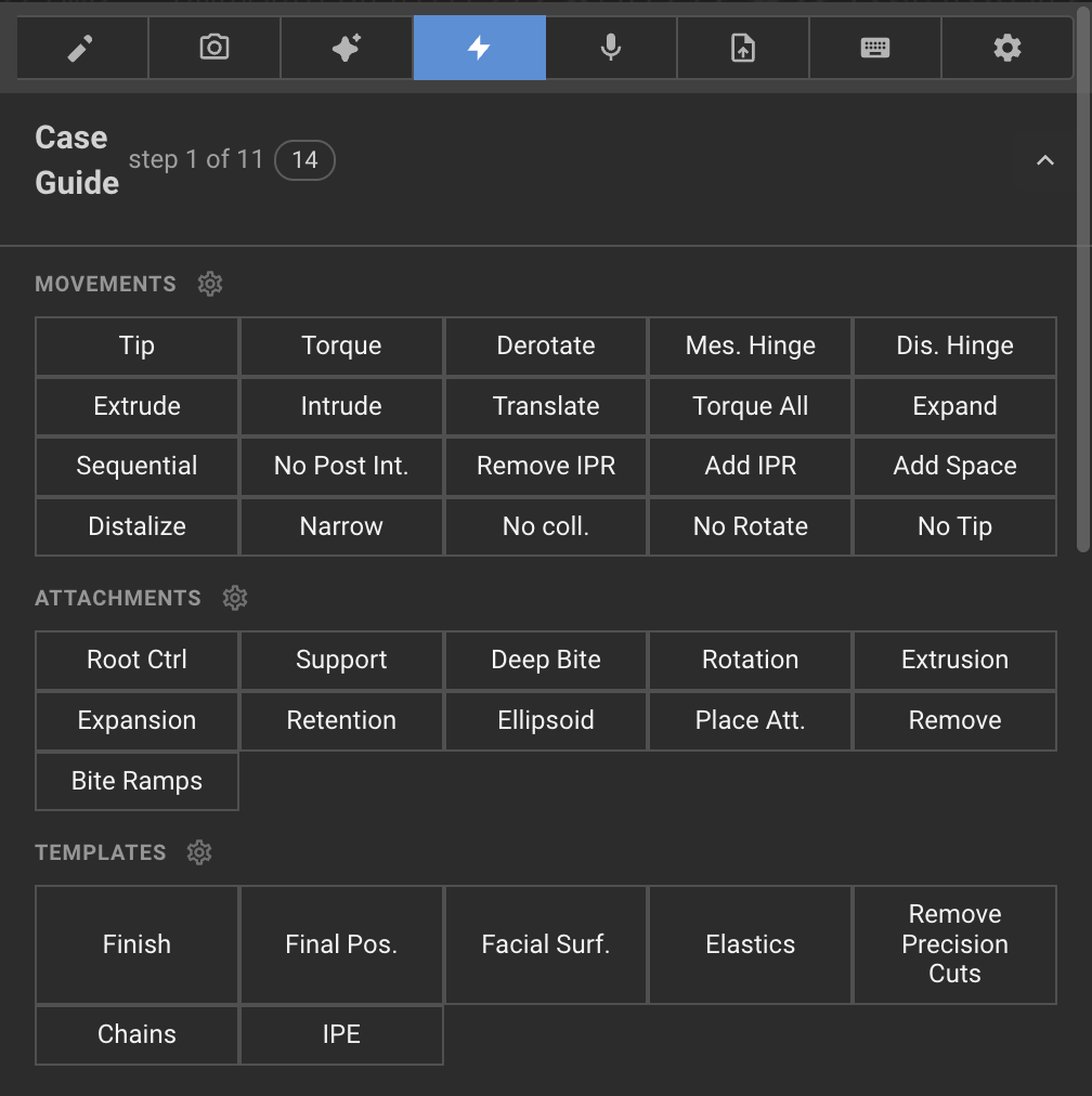The PowerTools panel: icon bar, Case Guide, and buttons for movements, attachments and templates.